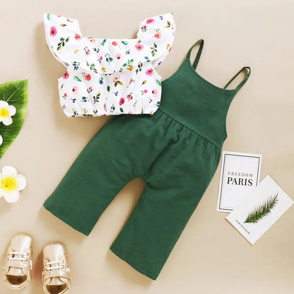 Toddler Girl Set 1-5 Years Kids Baby Girl Clothes Set Floral Print Lotus Leaf Short Top+Suspender Pant Fashion Cute 2PCS Outfit Leedoar