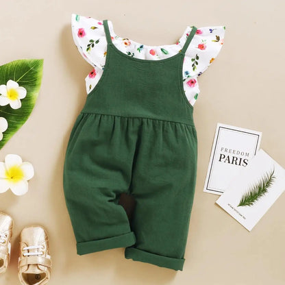 Toddler Girl Set 1-5 Years Kids Baby Girl Clothes Set Floral Print Lotus Leaf Short Top+Suspender Pant Fashion Cute 2PCS Outfit Leedoar