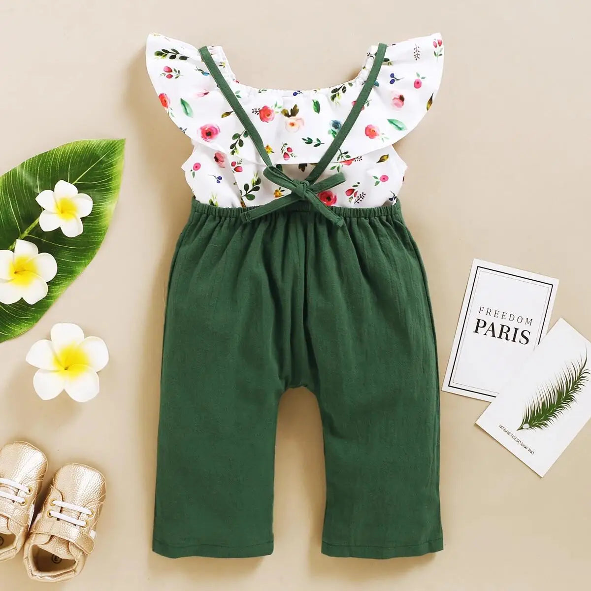 Toddler Girl Set 1-5 Years Kids Baby Girl Clothes Set Floral Print Lotus Leaf Short Top+Suspender Pant Fashion Cute 2PCS Outfit Leedoar