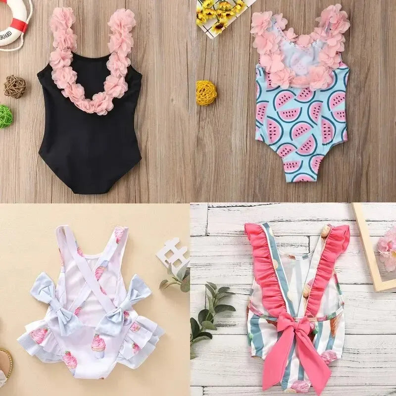 Toddler Girl Swimsuits Baby One Piece Flower Printed Swimming Clothes Kids Sunflower Beach Bath Bikini Newborn Backless Swimwear Leedoar