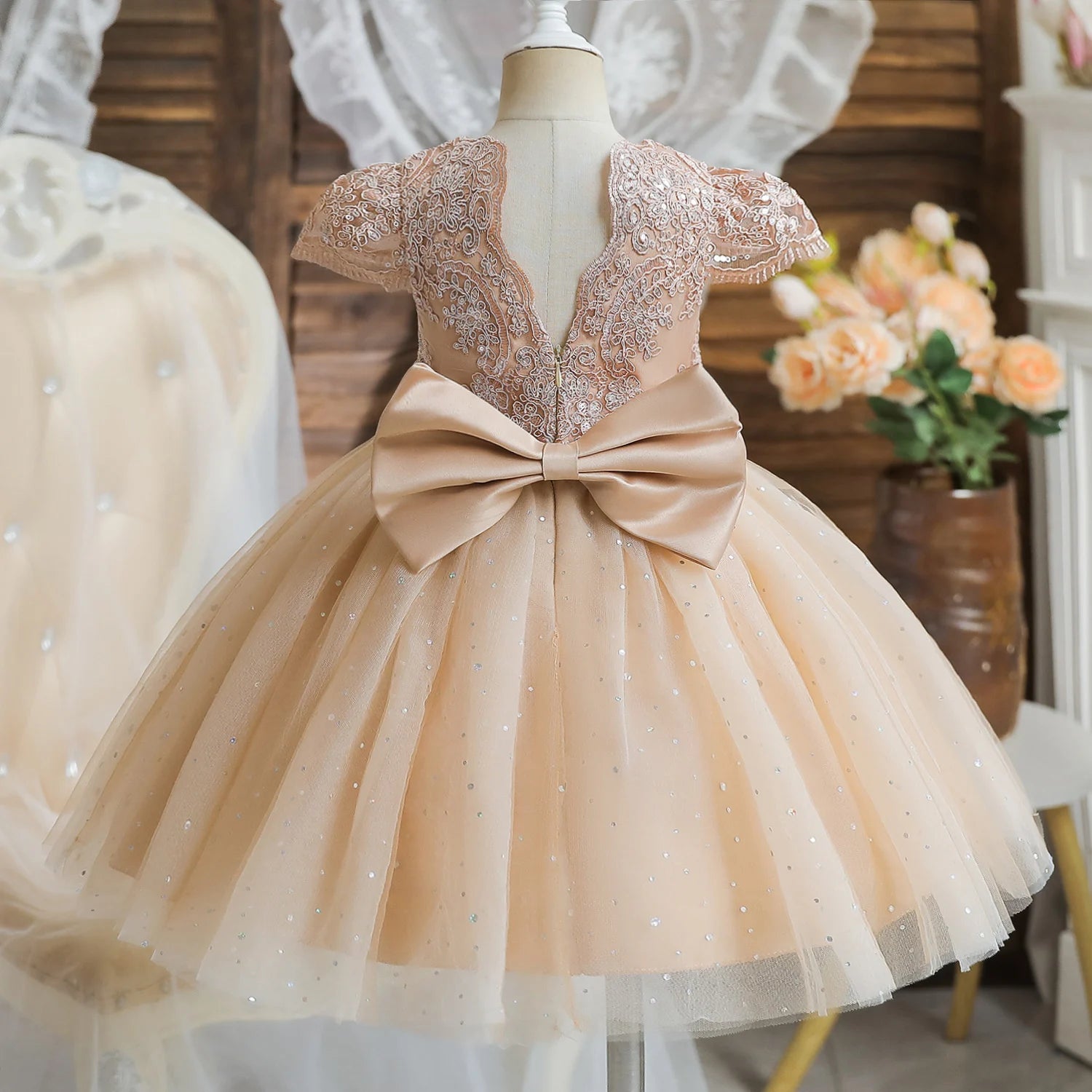 Toddler Girls 1st Birthday Party Dresses Cute Bow Kids Princess Lace Tulle Short Dress Flower Girls Dresses for Wedding 1-5 Year Leedoar