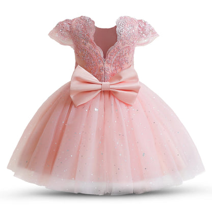 Toddler Girls 1st Birthday Party Dresses Cute Bow Kids Princess Lace Tulle Short Dress Flower Girls Dresses for Wedding 1-5 Year Leedoar