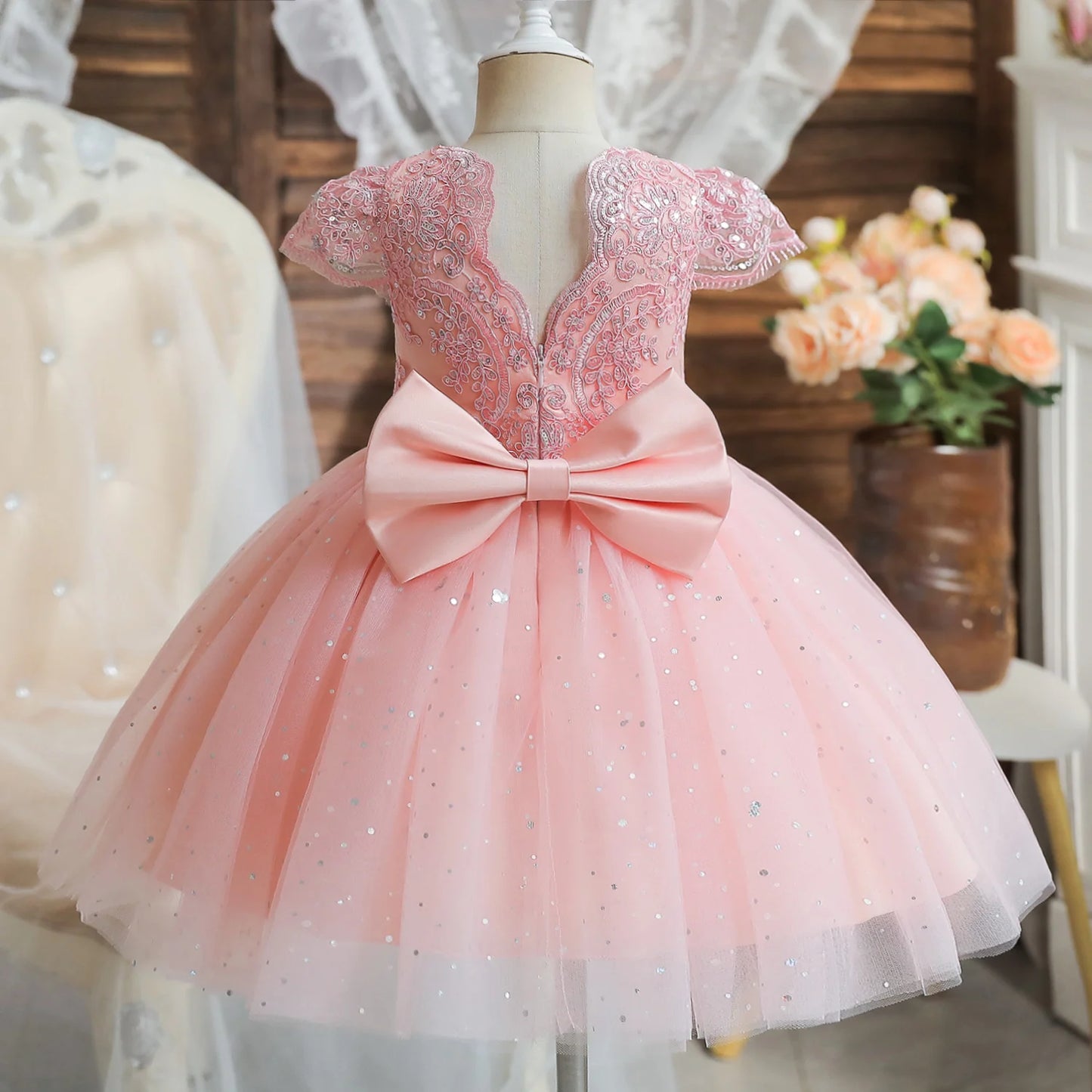 Toddler Girls 1st Birthday Party Dresses Cute Bow Kids Princess Lace Tulle Short Dress Flower Girls Dresses for Wedding 1-5 Year Leedoar