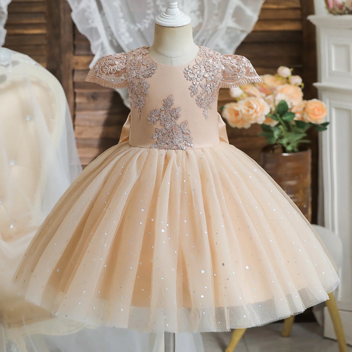 Toddler Girls 1st Birthday Party Dresses Cute Bow Kids Princess Lace Tulle Short Dress Flower Girls Dresses for Wedding 1-5 Year Leedoar