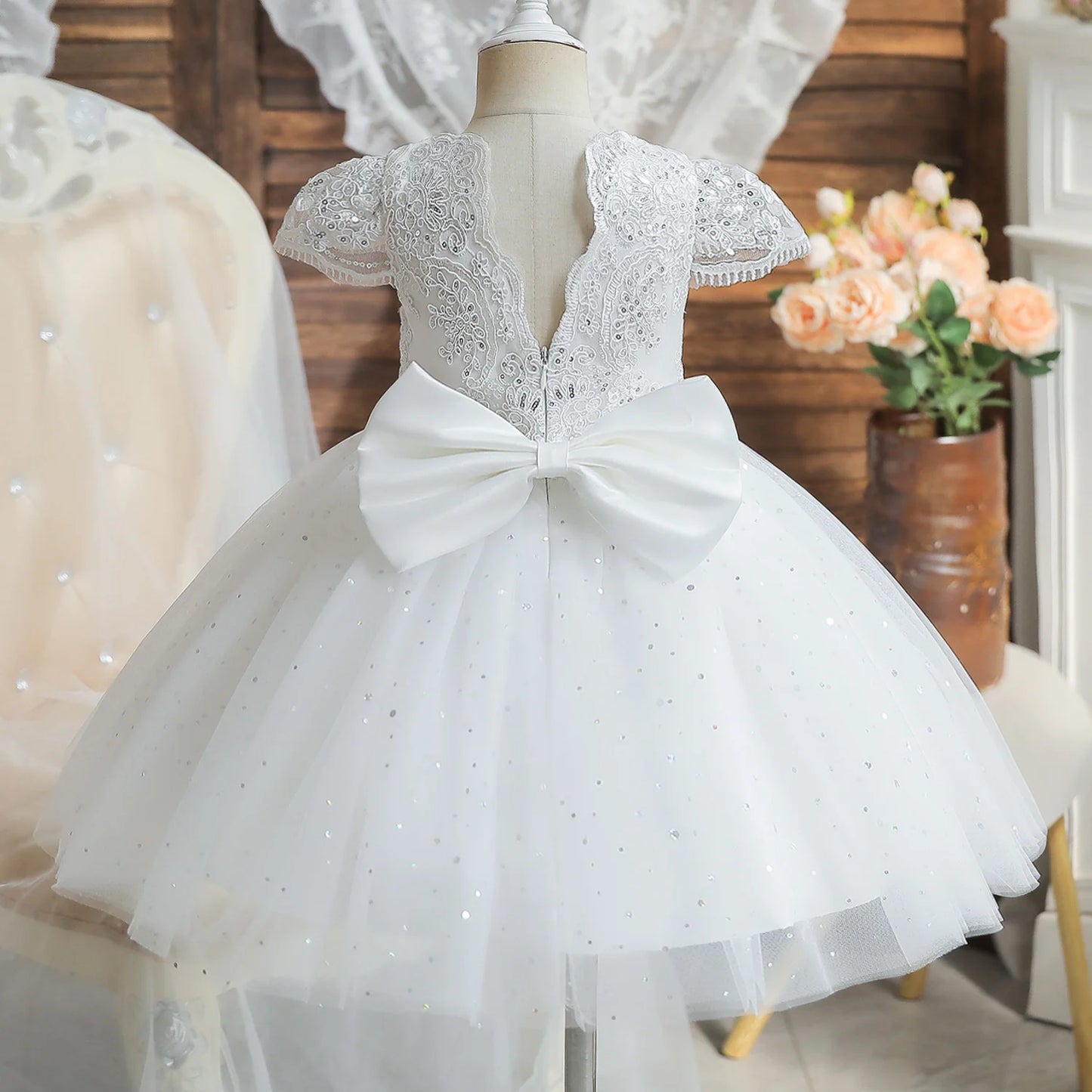 Toddler Girls 1st Birthday Party Dresses Cute Bow Kids Princess Lace Tulle Short Dress Flower Girls Dresses for Wedding 1-5 Year Leedoar