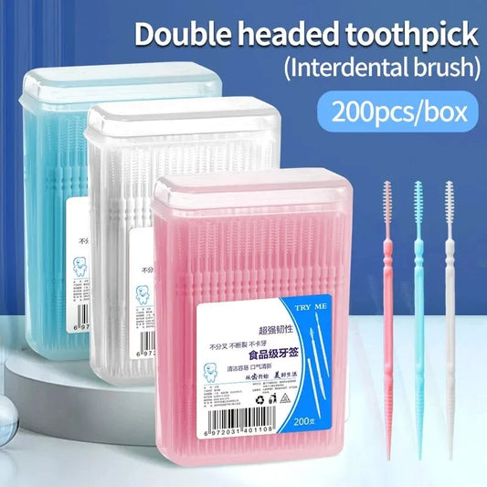 Toothpick Brush 200 PCs Boxed Plastic Toothpick Disposable Household Interdental Brush Teeth Picking Dental Floss Leedoar