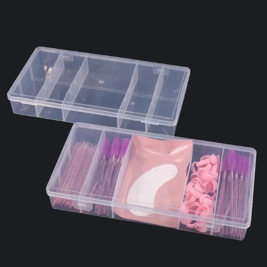 Caja de almacenamiento para herramientas de extensión de pestañas, transparente, con tapa, rectangular, vertical, con 5 rejillas, soporte para pinzas de pegamento, organizador de maquillaje 