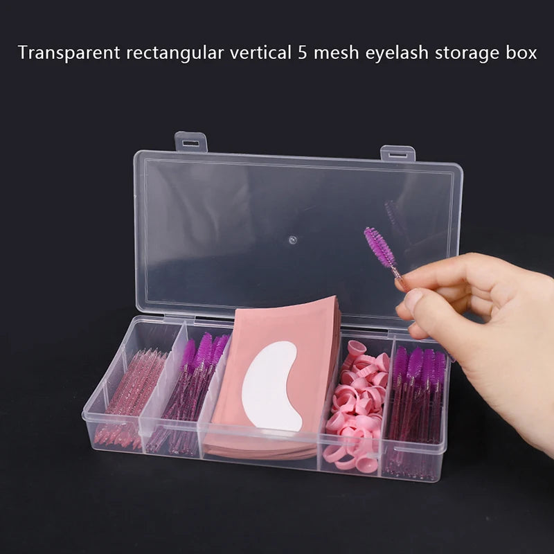 Caja de almacenamiento para herramientas de extensión de pestañas, transparente, con tapa, rectangular, vertical, con 5 rejillas, soporte para pinzas de pegamento, organizador de maquillaje 