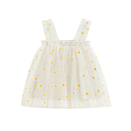 Tregren Toddler Girls Summer Sling Dress Sleeveless Daisy Print A- line Tulle Princess A- Line Dress Kids Birthday Party Dress Leedoar