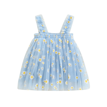 Tregren Toddler Girls Summer Sling Dress Sleeveless Daisy Print A- line Tulle Princess A- Line Dress Kids Birthday Party Dress Leedoar