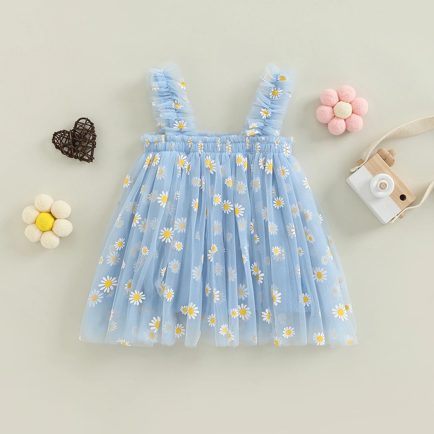 Tregren Toddler Girls Summer Sling Dress Sleeveless Daisy Print A- line Tulle Princess A- Line Dress Kids Birthday Party Dress Leedoar