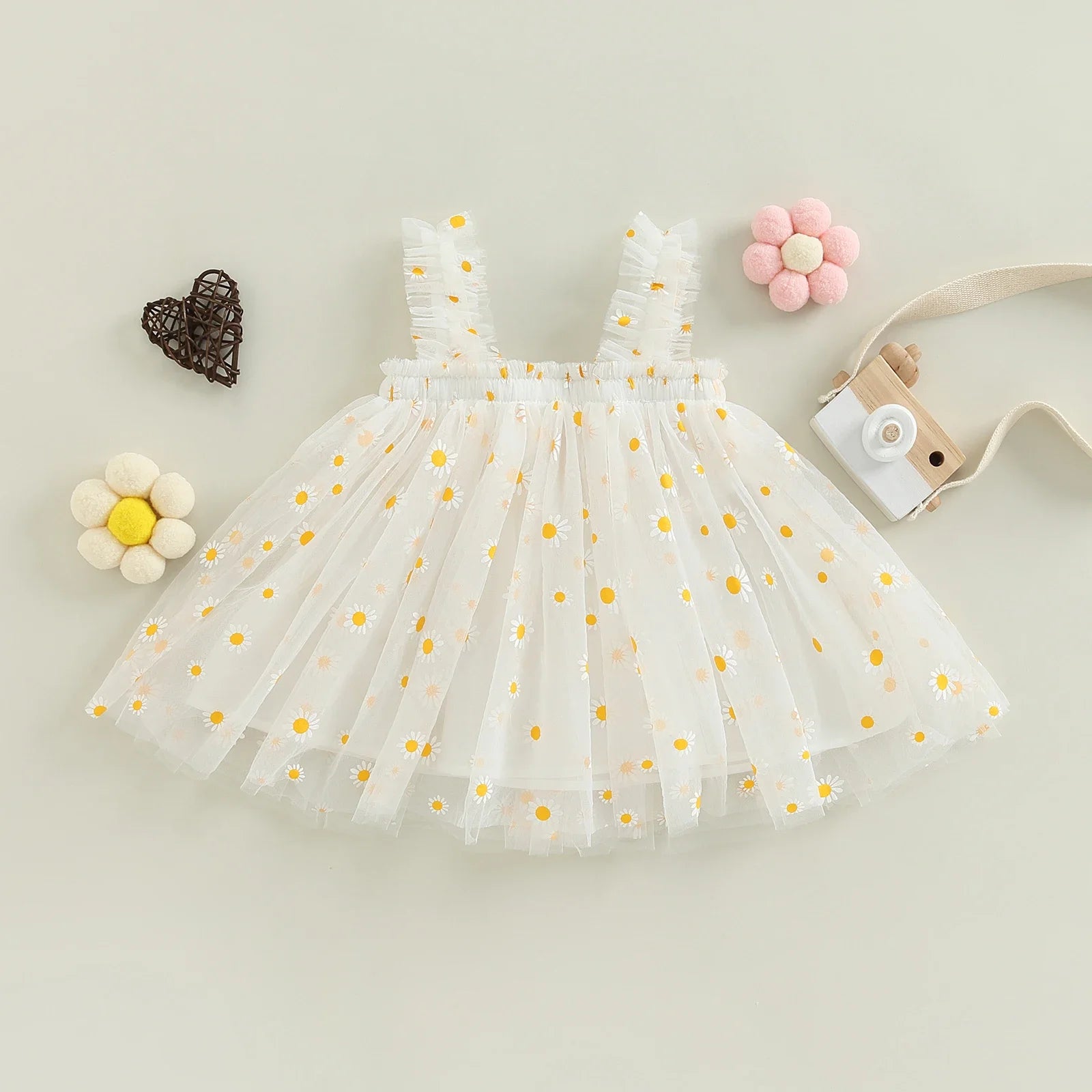 Tregren Toddler Girls Summer Sling Dress Sleeveless Daisy Print A- line Tulle Princess A- Line Dress Kids Birthday Party Dress Leedoar