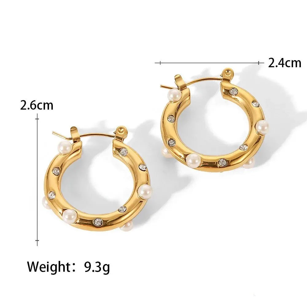 Brincos redondos de aço inoxidável com cristal dourado da moda para mulheres, brincos de metal com pérolas de imitação, joias para festa do dia a dia 