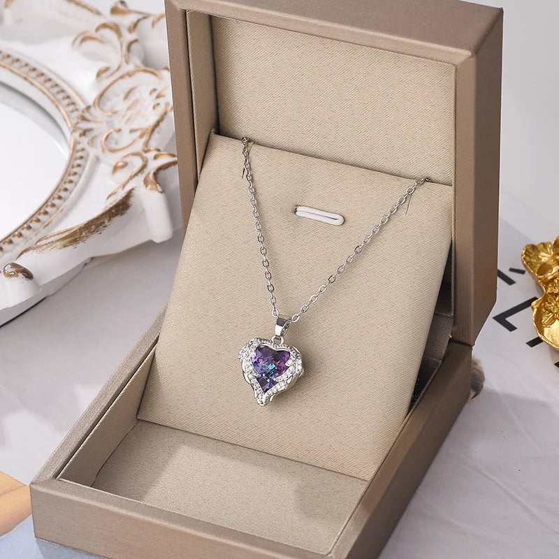 Trendy Heart Stainless Steel Cubic Zirconia Necklaces For Women Men Gold Color Metal Crystal Necklace Party Everyday Jewelry Leedoar