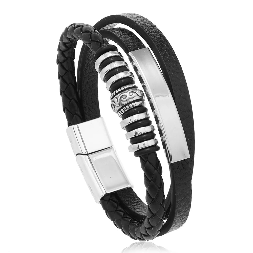 Pulseiras de couro da moda para homens Pulseira de aço inoxidável 21CM Pulseiras de corda trançada multicamadas para presentes de joias masculinas 