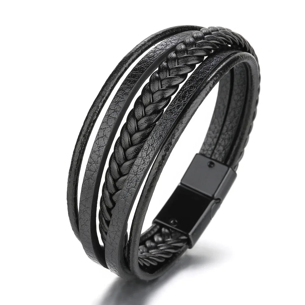 Pulseiras de couro da moda para homens Pulseira de aço inoxidável 21CM Pulseiras de corda trançada multicamadas para presentes de joias masculinas 