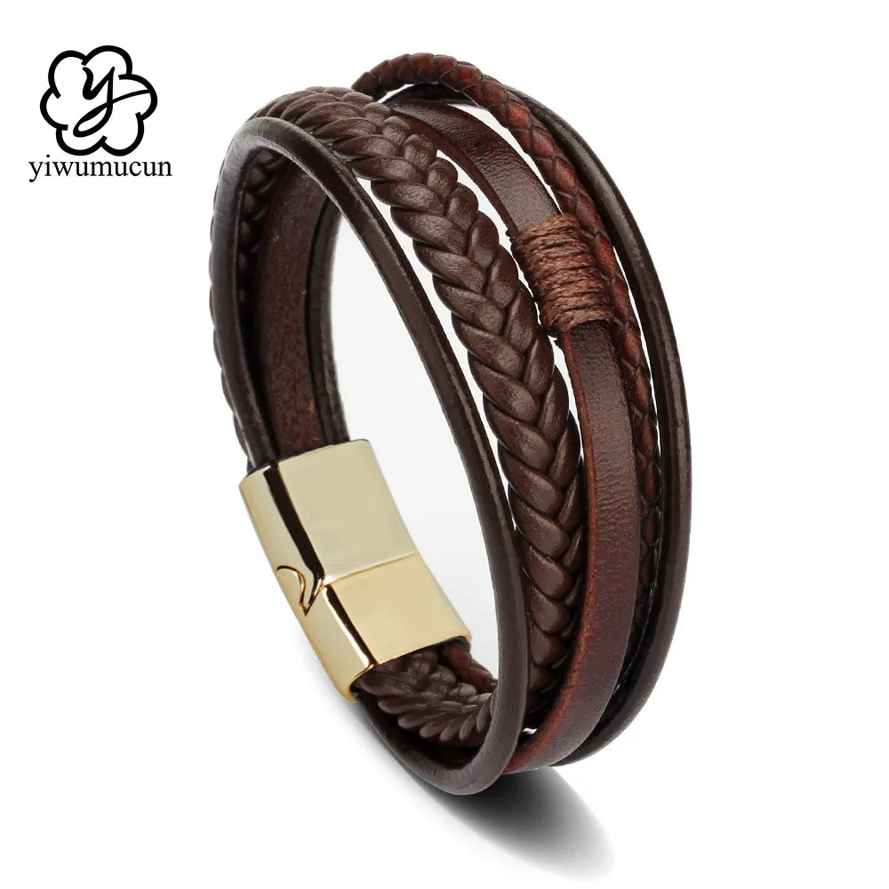 Pulseras de cuero de moda para hombres, pulsera de acero inoxidable de 21 cm, pulseras de cuerda trenzada multicapa para regalos de joyería masculina 