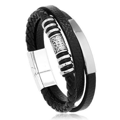 Pulseras de cuero de moda para hombres, pulsera de acero inoxidable de 21 cm, pulseras de cuerda trenzada multicapa para regalos de joyería masculina 