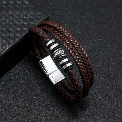 Pulseras de cuero de moda para hombres, pulsera de acero inoxidable de 21 cm, pulseras de cuerda trenzada multicapa para regalos de joyería masculina 