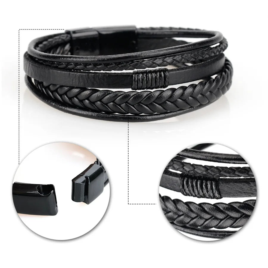 Pulseras de cuero de moda para hombres, pulsera de acero inoxidable de 21 cm, pulseras de cuerda trenzada multicapa para regalos de joyería masculina 