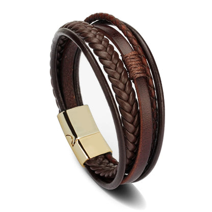 Pulseiras de couro da moda para homens Pulseira de aço inoxidável 21CM Pulseiras de corda trançada multicamadas para presentes de joias masculinas 