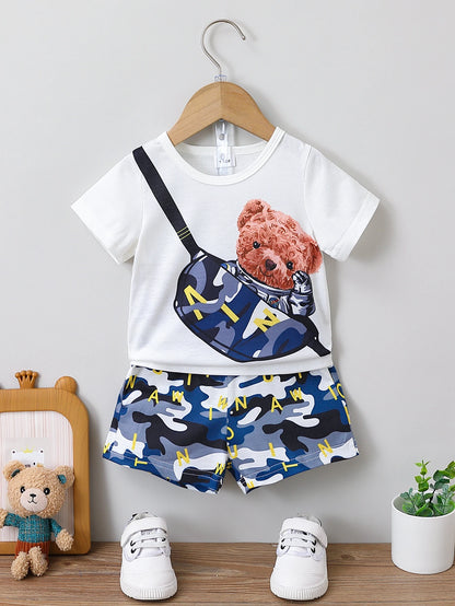 Trendy Preppy Kids Outfit - Cute Slant Bag Bear Cartoon Graphic T-shirt & Plaid Shorts Set Leedoar