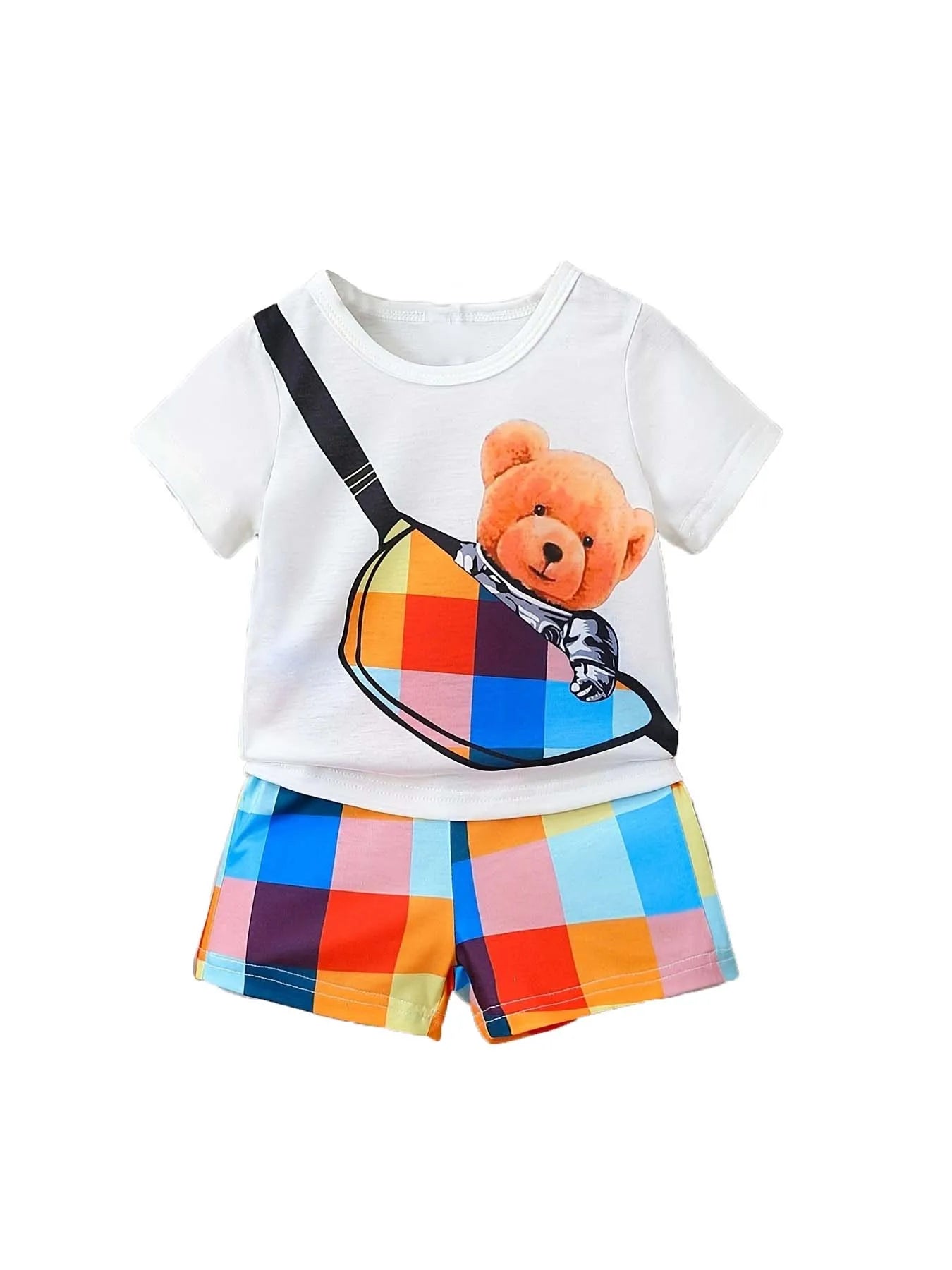 Trendy Preppy Kids Outfit - Cute Slant Bag Bear Cartoon Graphic T-shirt & Plaid Shorts Set Leedoar