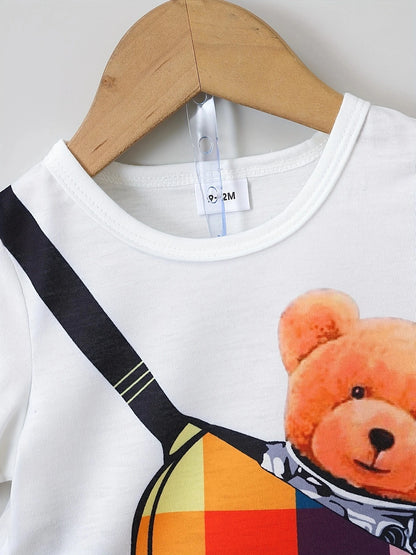 Trendy Preppy Kids Outfit - Cute Slant Bag Bear Cartoon Graphic T-shirt & Plaid Shorts Set Leedoar