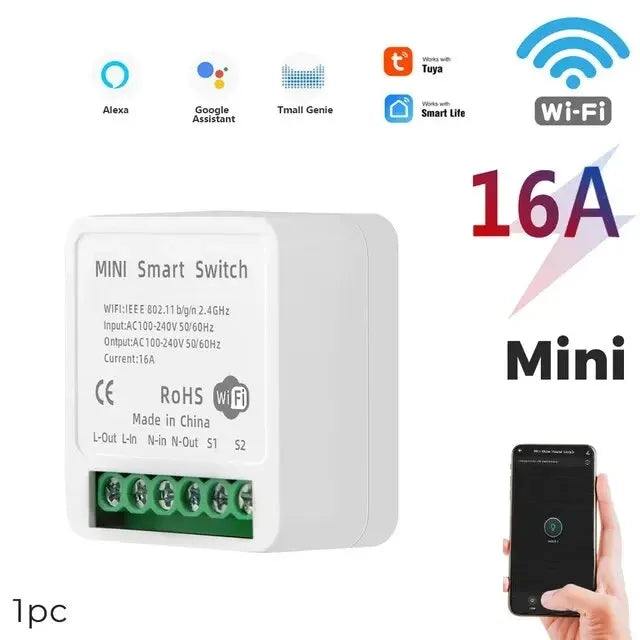 Tuya Mini 16A WiFi Switch Smart Life App 2 Way Control Smart Home Automation Module Interruptor Work for Alexa Google Home Leedoar