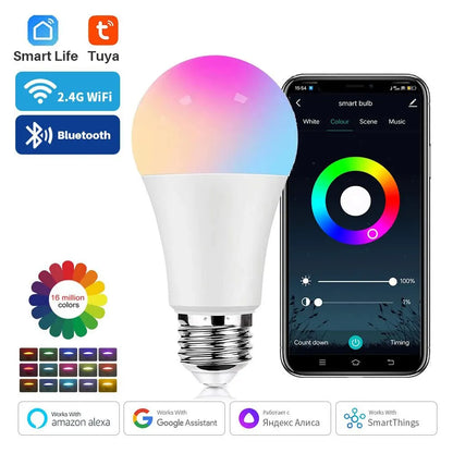 Tuya Smart Bulb E27 WiFi/Bluetooth Dimmable LED Light Bulb RGBCW 100-240V Smart Life App Control Support Alexa Google Home Leedoar