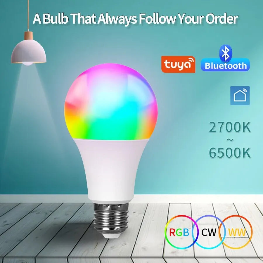 Tuya Smart Bulb E27 WiFi/Bluetooth Dimmable LED Light Bulb RGBCW 100-240V Smart Life App Control Support Alexa Google Home Leedoar