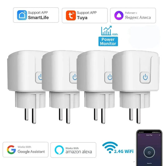 Tuya Smart Home Socket WiFi 20A EU Plug Outlet Controle Remoto Temporizador Monitor de Energia Suporte Voz Google Home Alexa 