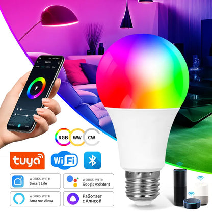 Tuya WiFi Bluetooth E27 Smart Bulb RGBCW 100-240V 10W LED Lamp E27 Light Bulbs App Voice Control Support Alexa Google Home Alice Leedoar