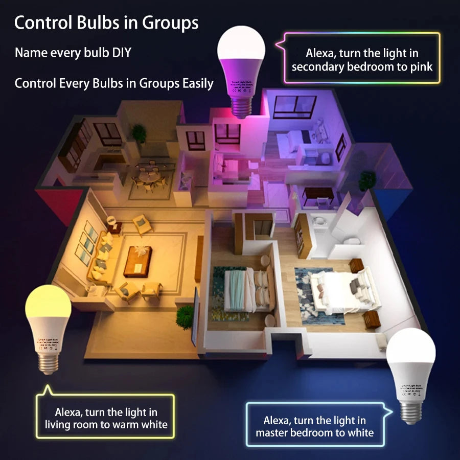 Tuya WiFi Bluetooth E27 Smart Bulb RGBCW 100-240V 10W LED Lamp E27 Light Bulbs App Voice Control Support Alexa Google Home Alice Leedoar