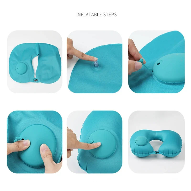 Cojín de cuello en forma de U, almohada inflable automática con aire, almohada de anillo de compresión para avión, coche, viajes al aire libre 