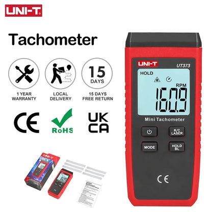 UNI-T Mini Tacômetro Digital Laser UT373 Tacômetro sem contato Faixa de RPM 10-99999RPM Tacômetro Odômetro Luz de fundo 