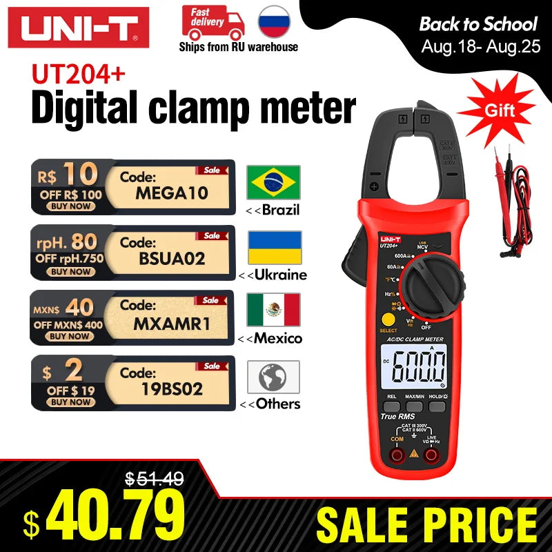 UNI T UNI-T UT202A+ UT204+ Alicate Amperímetro Digital AC DC Voltagem Multímetro True RMS 400-600A Voltímetro Automático Teste de Resistência