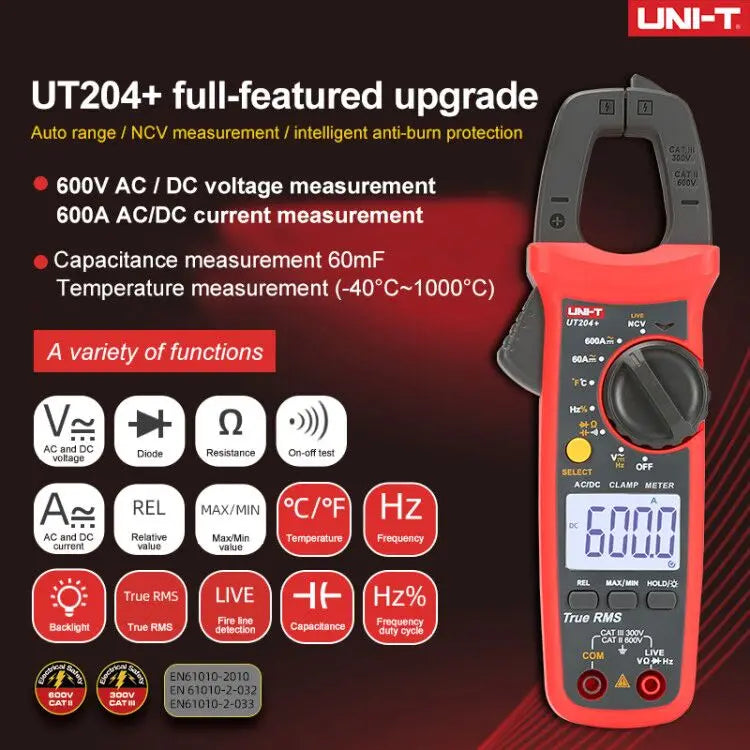 UNI T UNI-T UT202A+ UT204+ Alicate Amperímetro Digital AC DC Voltagem Multímetro True RMS 400-600A Voltímetro Automático Teste de Resistência