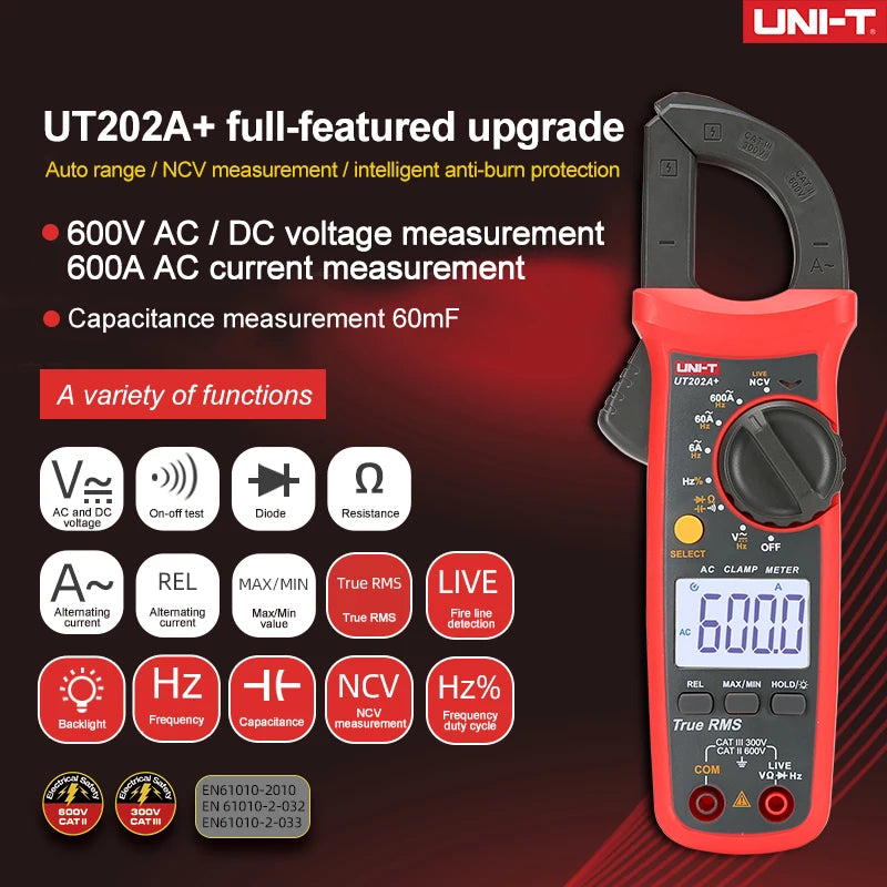 UNI T UNI-T UT202A+ UT204+ Alicate Amperímetro Digital AC DC Voltagem Multímetro True RMS 400-600A Voltímetro Automático Teste de Resistência