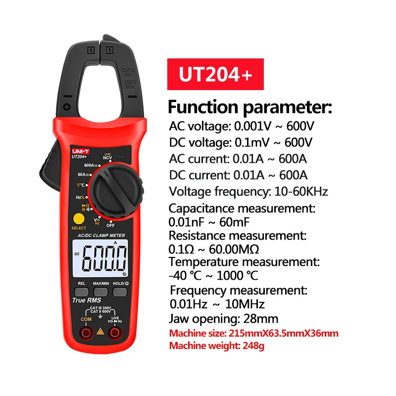 UNI T UNI-T UT202A+ UT204+ Alicate Amperímetro Digital AC DC Voltagem Multímetro True RMS 400-600A Voltímetro Automático Teste de Resistência