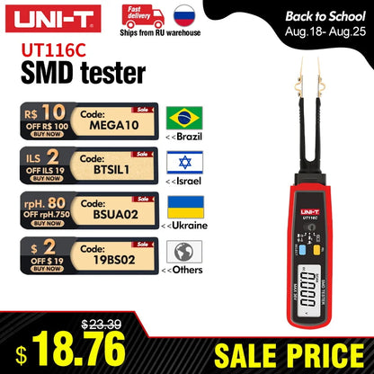 UNI-T UT116C SMD Tester 36V Voltage Battery Measurement Pinça Rotativa LED Diodo Resistor Capacitor Tester 