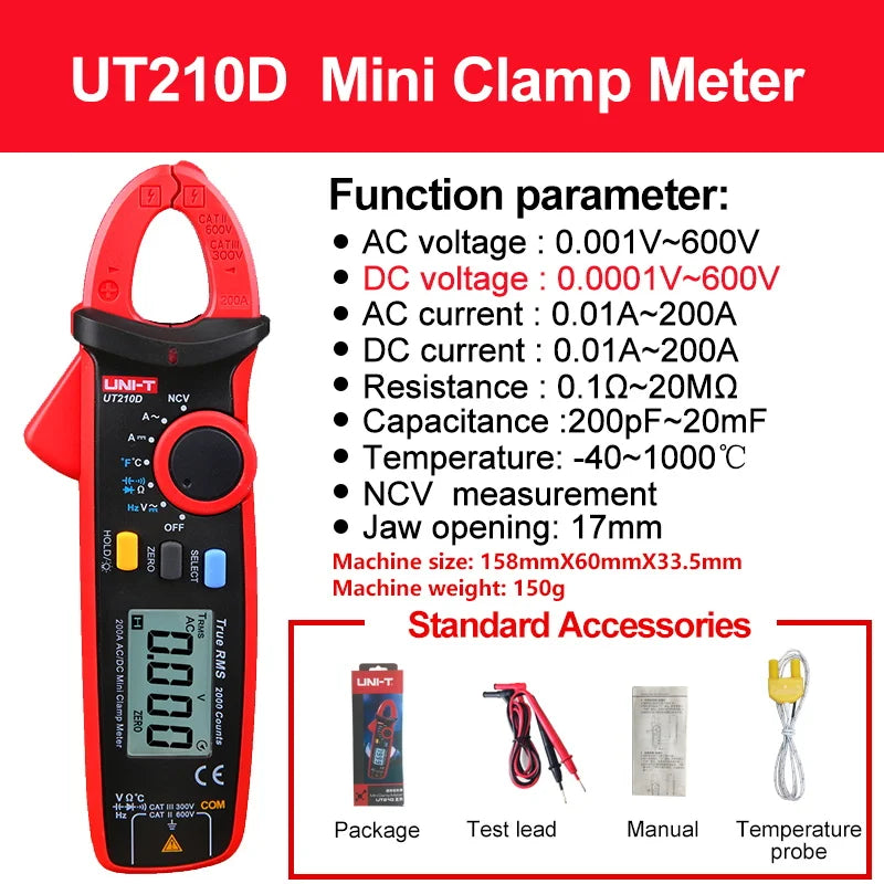 UNI-T UT210E UT210D Alicate de corrente digital AC DC True RMS Alicate Amperímetro Testador de voltagem Multímetro Medidor de frequência