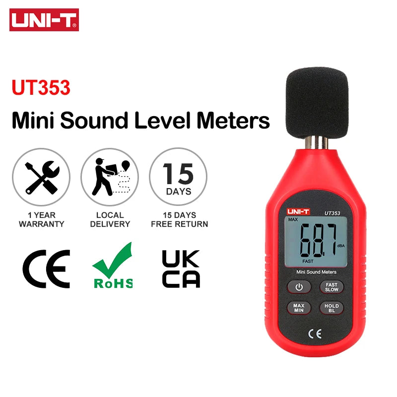 UNI-T UT353 Instrumento de Medição de Ruído db Meter 30~130dB Mini Medidor de Nível de Som de Áudio Decibel Monitor 