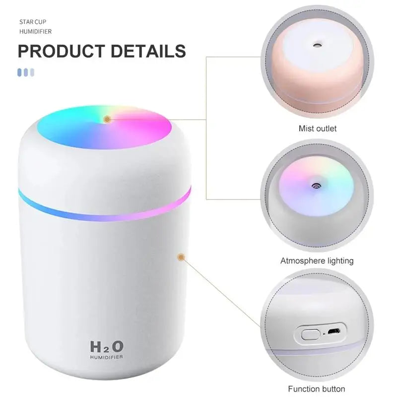 USB Cool Mist Sprayer Portable 300ml Electric Air Humidifier Aroma Oil Diffuser with Colorful Night Light for Home Car Leedoar