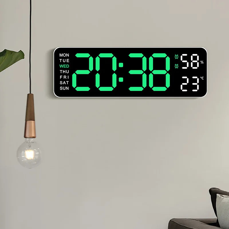 USB Powered Large Digital Wall Clock 9 Inch Temperature Humidity Week Auto Dimmer Table Clock Electronic LED Alarm Clock 12/24H Leedoar