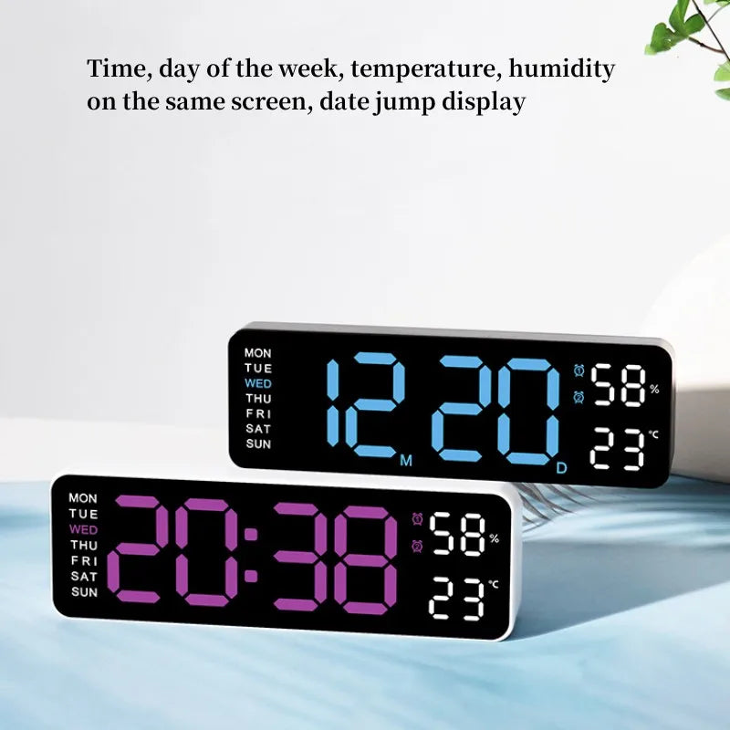 USB Powered Large Digital Wall Clock 9 Inch Temperature Humidity Week Auto Dimmer Table Clock Electronic LED Alarm Clock 12/24H Leedoar