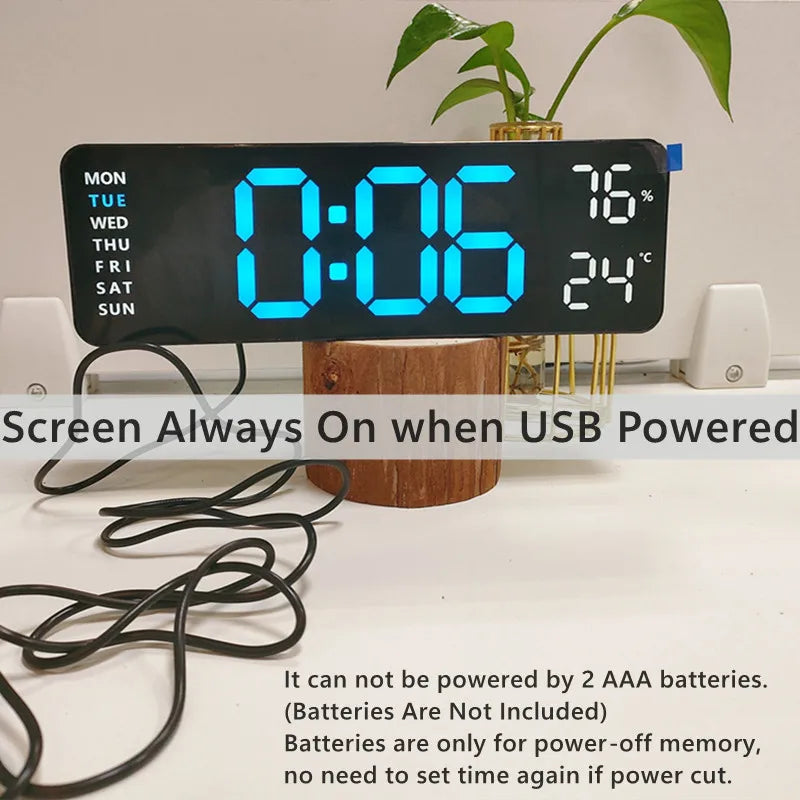 USB Powered Large Digital Wall Clock 9 Inch Temperature Humidity Week Auto Dimmer Table Clock Electronic LED Alarm Clock 12/24H Leedoar