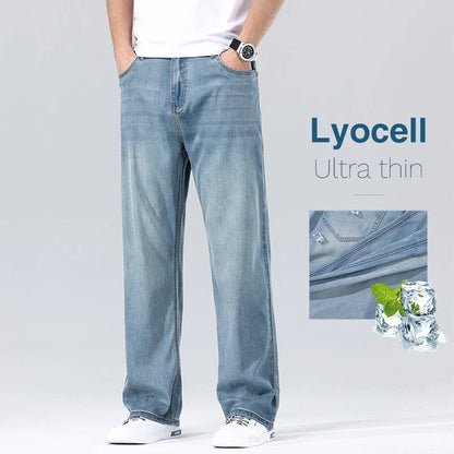 Ultra Thin Lyocell Men's Loose Jeans Summer Fashion Drape Soft Fabric Business Straight Denim Pants Wide Legs Ice Silk Trousers Leedoar