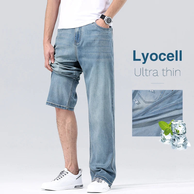 Ultra Thin Lyocell Men's Loose Jeans Summer Fashion Drape Soft Fabric Business Straight Denim Pants Wide Legs Ice Silk Trousers Leedoar