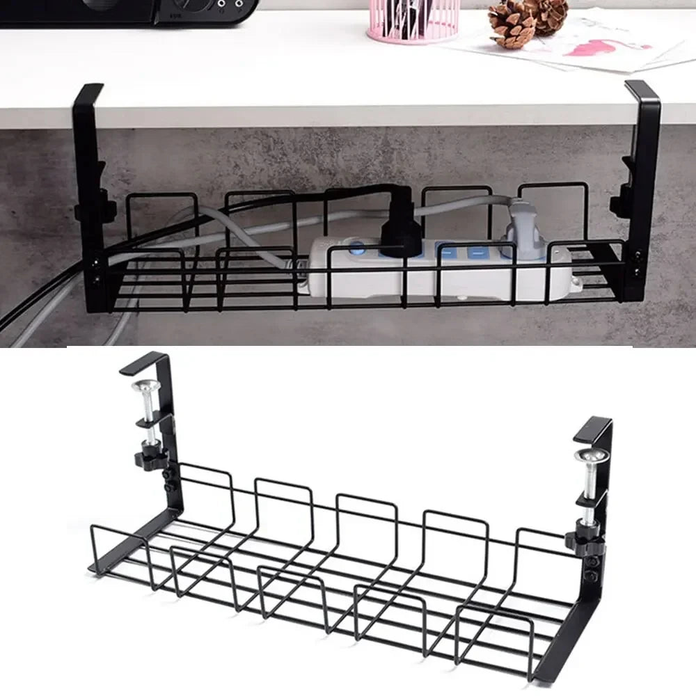 Under Table Storage Rack Metal Cable Management Tray Home Office Desk Wire Organizer No Punching Kitchen Storage Accessories Leedoar